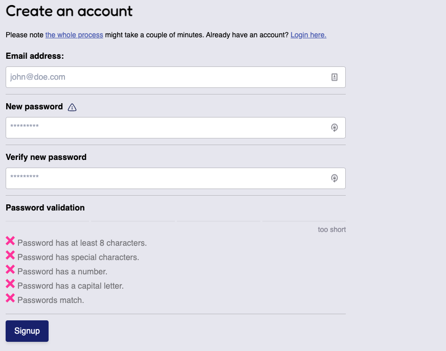 Image of create account page