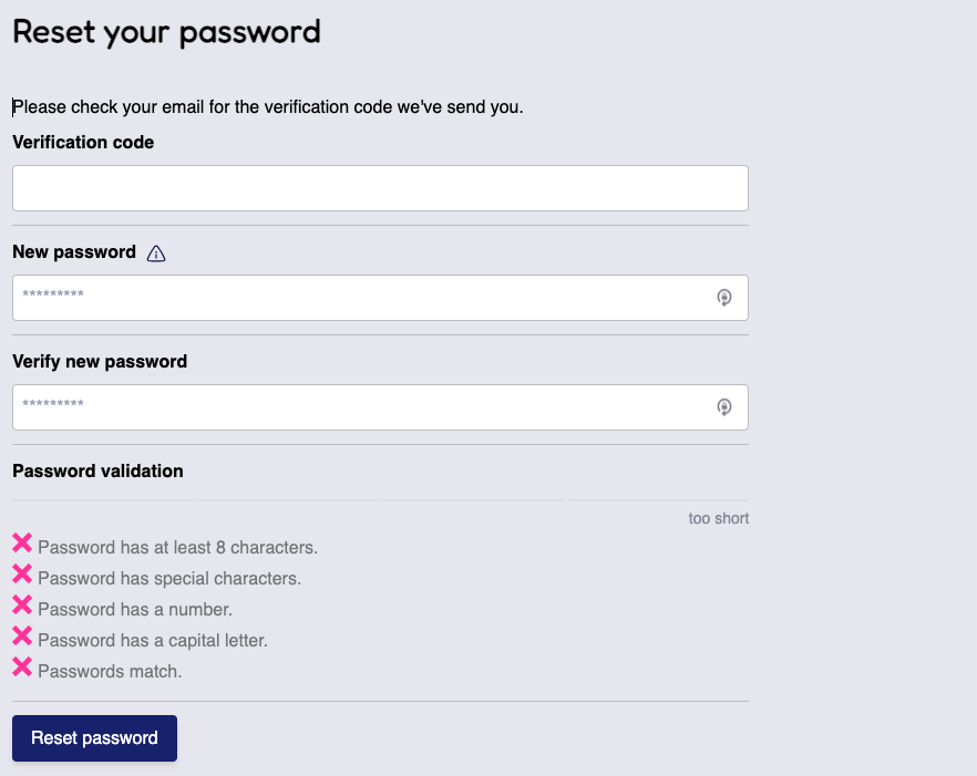 Image of reset password page with verification box